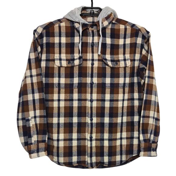 Mens American Eagle Plaid Flannel Jacket Size Medium Brown Gray Hood Shacket - Picture 2 of 6